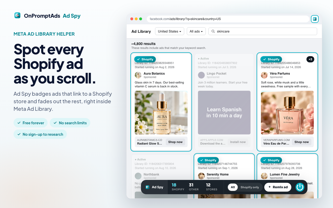 Ad Spy dock showing Shopify counts and Shopify badges on Meta Ad Library cards
