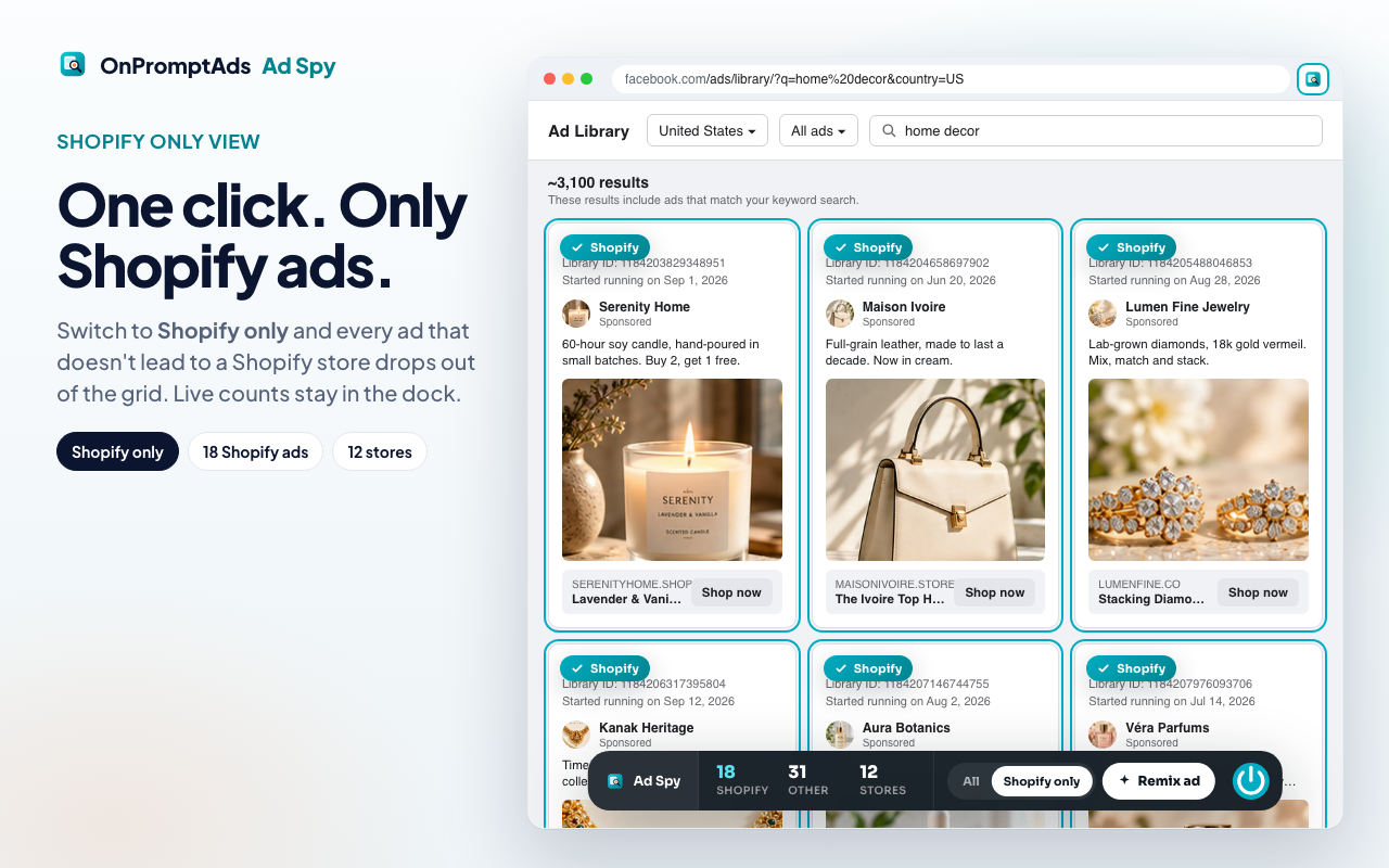 Ad Spy Shopify only view hiding non-Shopify ads in Meta Ad Library