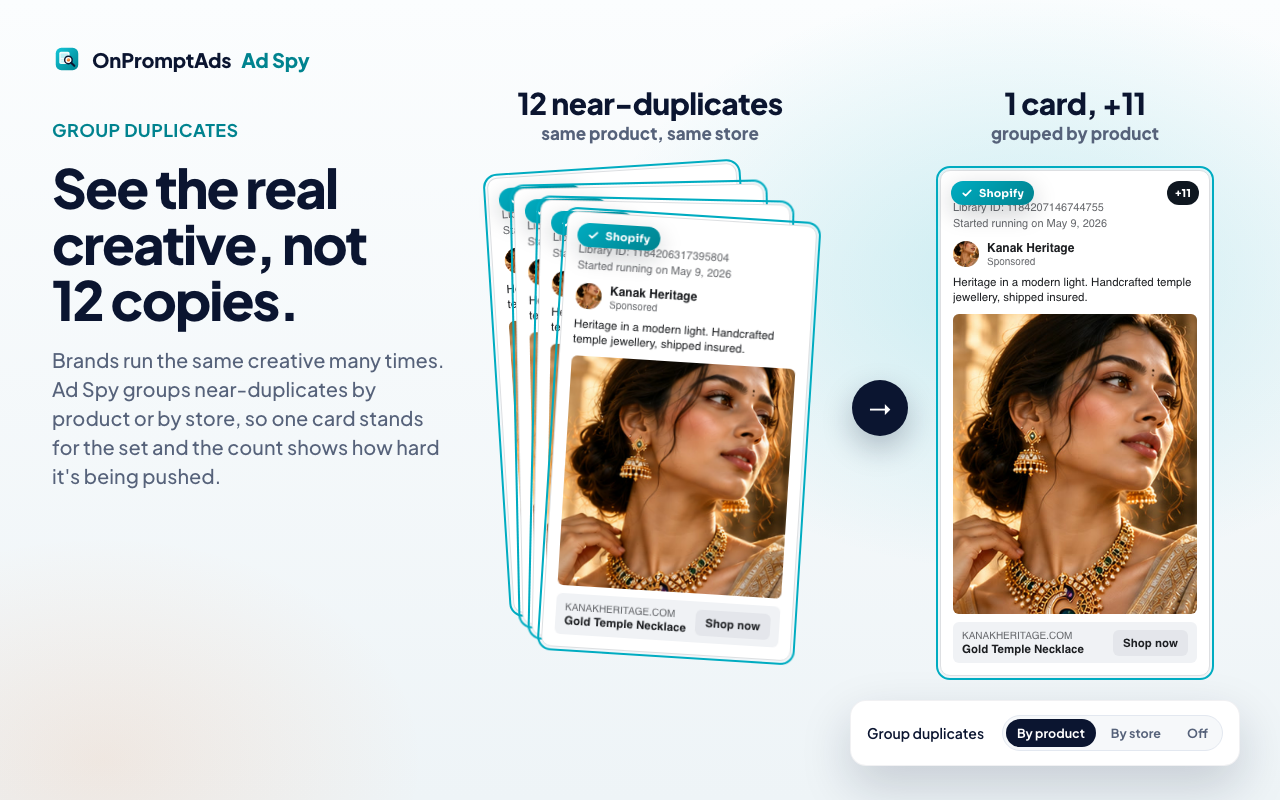Ad Spy grouping duplicate creatives so you see the real ad once