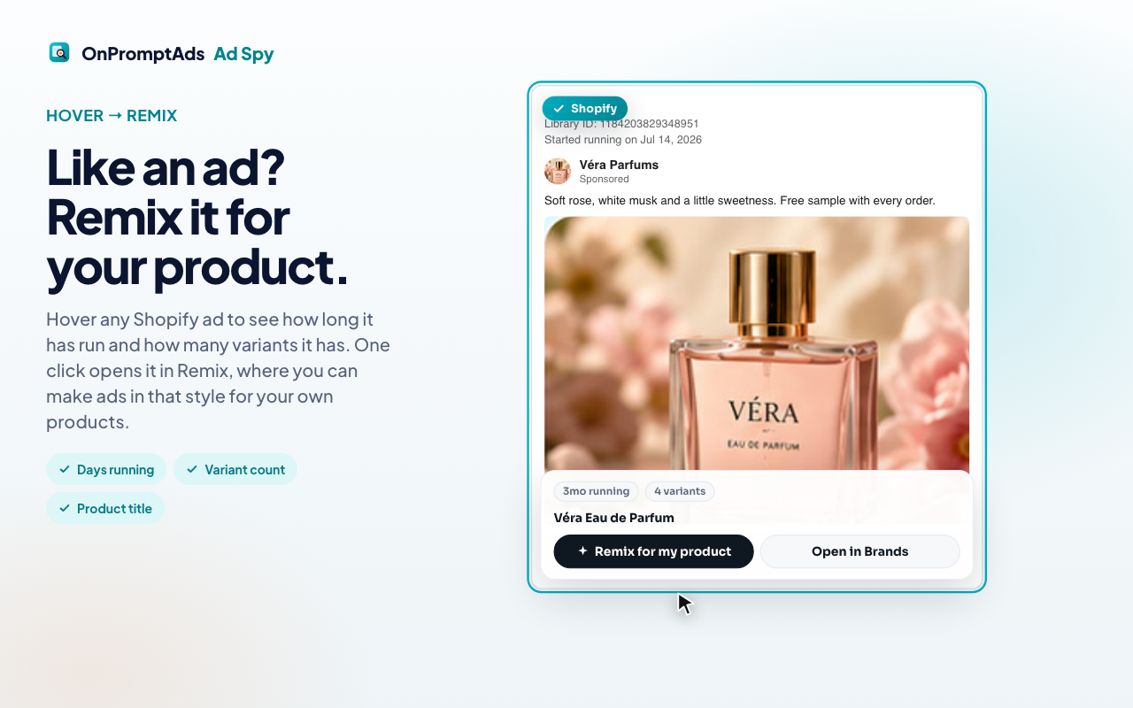 Remix a Meta Ad Library creative for your own product with OnPromptAds