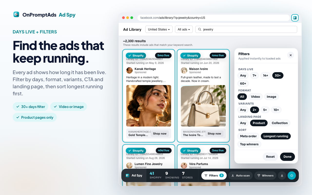 Ad Spy days live badges and filters in Meta Ad Library