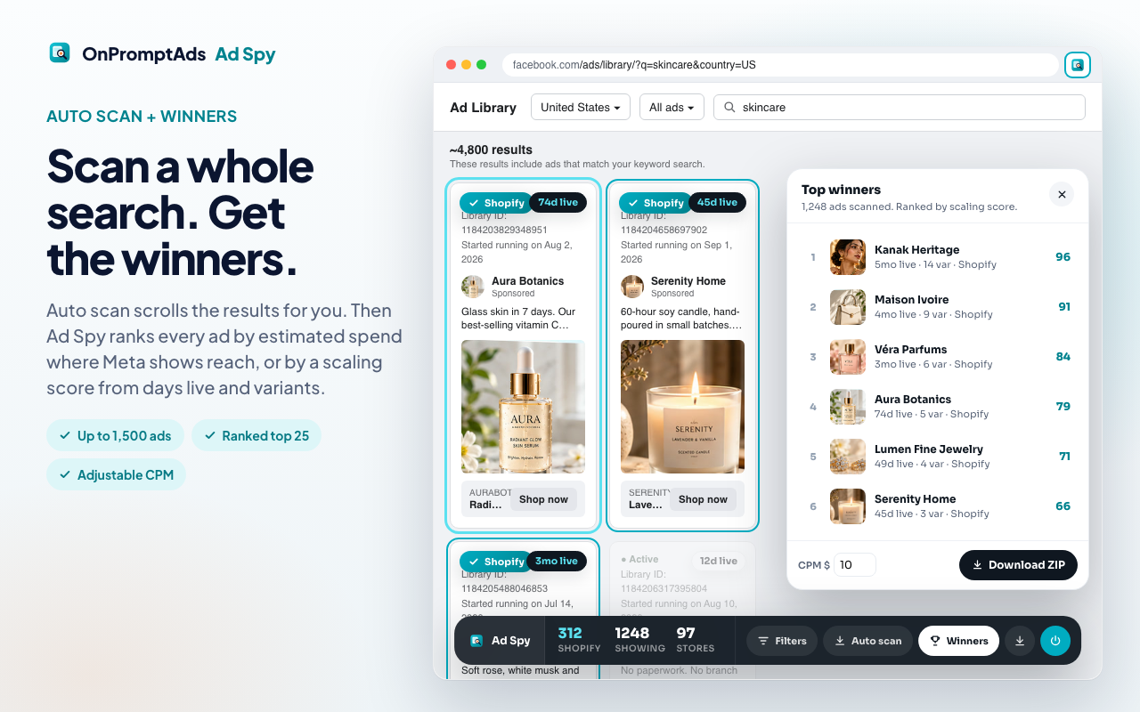 Ad Spy auto scan and top winners panel