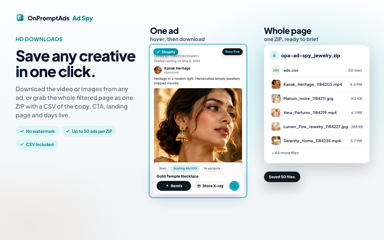 Ad Spy HD creative downloads and ZIP export