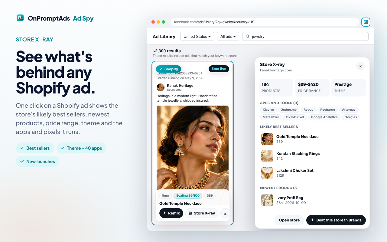 Ad Spy Store X-ray showing best sellers, theme and apps