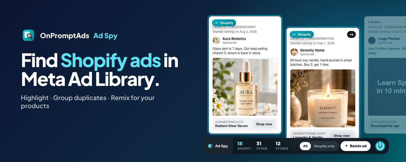 OnPromptAds Ad Spy: find Shopify ads in Meta Ad Library