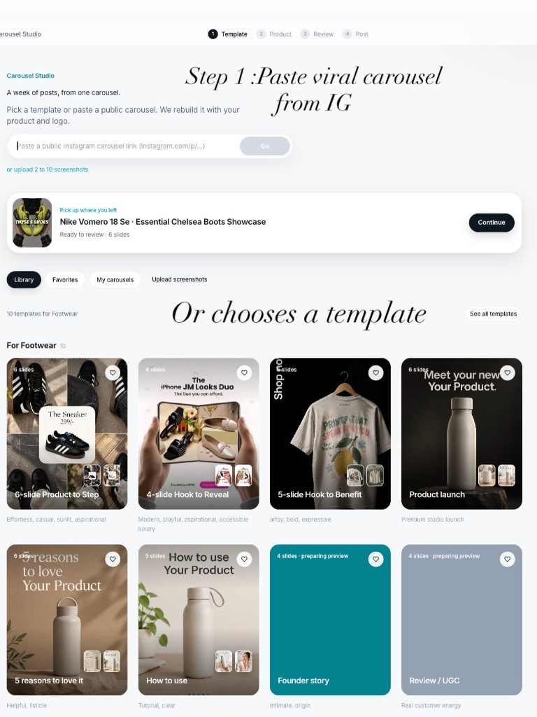 Paste a public Instagram carousel or pick a template in Carousel Studio