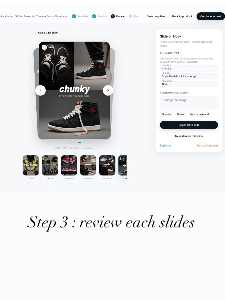 Review each slide, edit the overlay, and regenerate