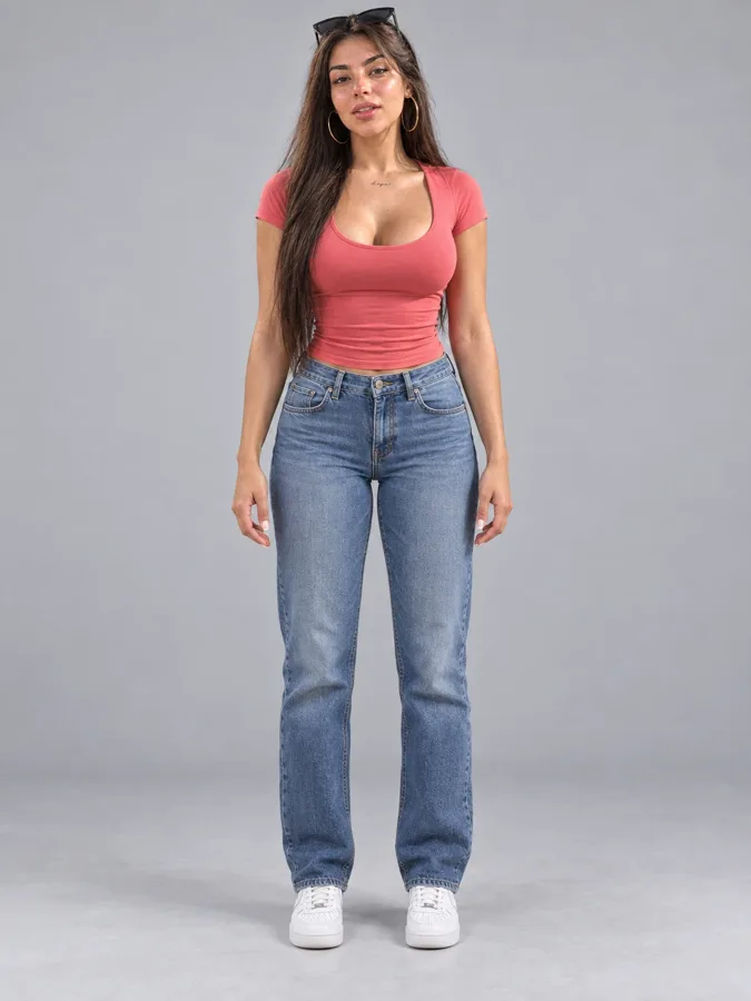 Character sheet: one full-length photo of an AI model on a plain grey background