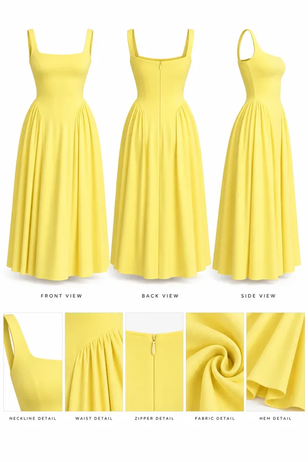 Product sheet for a yellow midi dress: front, back and side views with neckline, waist, zipper, fabric and hem details