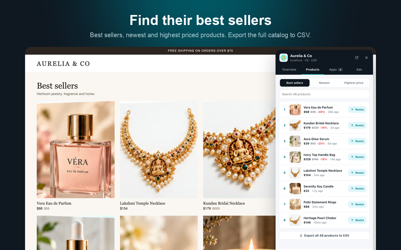 Store Spy best sellers list with CSV export