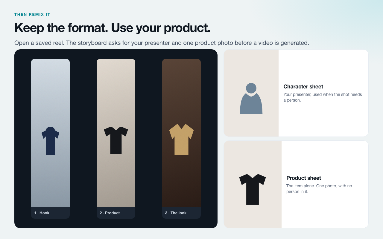 Remix storyboard asking for a character sheet and a product sheet before a video is generated